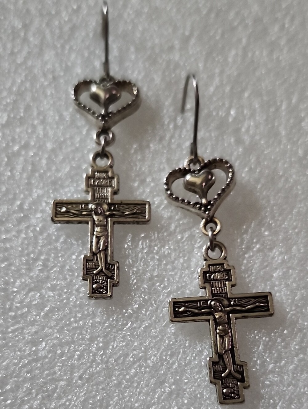 Hand Crafted Silver Heart-and-Crucifix Dangle Earrings